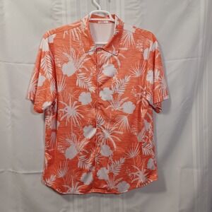 Fashion Shirt Mens XL Orange Floral Hibiscus Tropical Palm Button Down Stretch